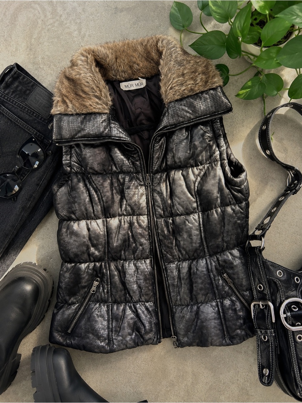 Y2K Faux Leather Puffer Vest Faux Fur Collar Moto Croc Embossed Zip Front